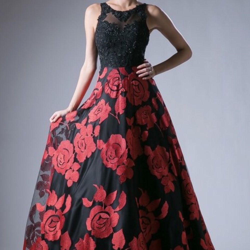 Floral print black and red prom Dress